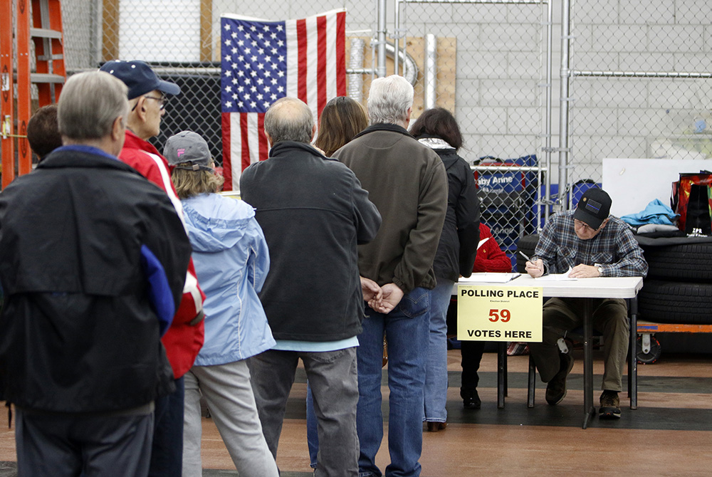 Voters line up prior to casting their ballots Nov. 6, 2018, at a polling station in Nesconset, New York, on Election Day . (CNS/Gregory A. Shemitz)