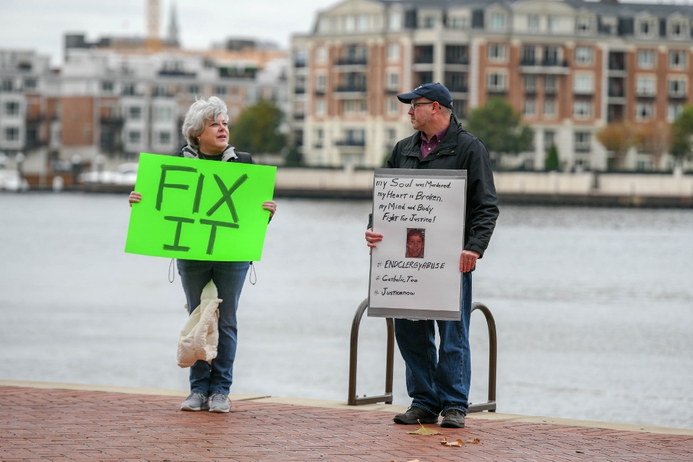Protesters demonstrate Nov. 13 outside the U.S. Conference of Catholic Bishops meeting in Baltimore. (CNS/Reuters/Theresa Keil) Protesters demonstrate Nov. 13 outside the U.S. Conference of Catholic Bishops meeting in Baltimore. (CNS/Reuters/Theresa Keil)