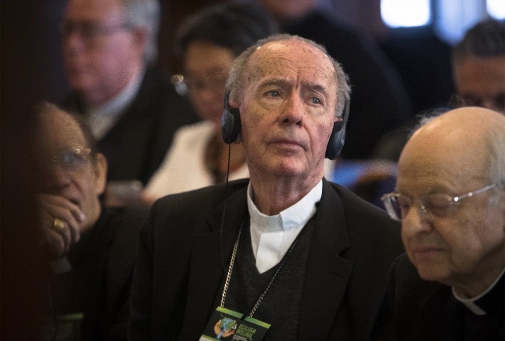 Brazilian Cardinal Claudio Hummes, relator general for the upcoming Synod of Bishops on the Amazon, listens to a presentation in French during the Integral Ecology summit at Georgetown University in Washington March 19. (CNS/Tyler Orsburn)