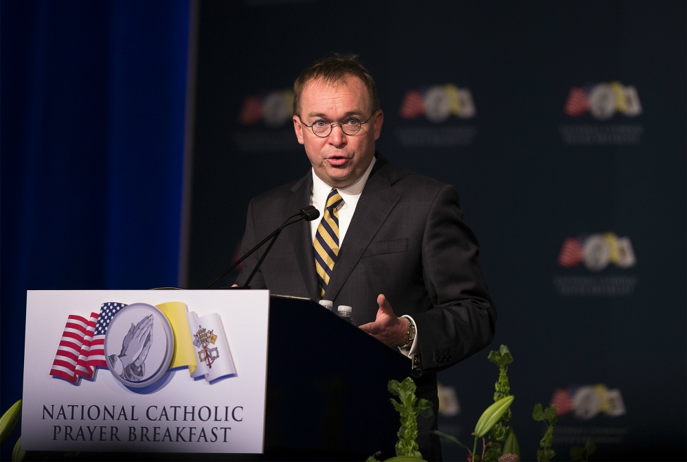 Mick Mulvaney, former Trump White House chief of staff, speaks April 23, 2019, during the National Catholic Prayer Breakfast in Washington. Last week, Mulvaney did a "virtual town hall" with supporters of CatholicVote.org. (CNS/Tyler Orsburn)