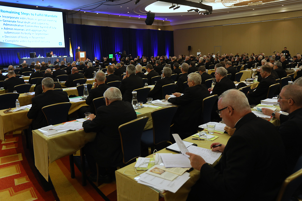 Archbishop Jose Gomez of Los Angeles, vice president of the U.S. Conference of Catholic Bishops, speaks on the first day of the spring general assembly of the USCCB June 11, 2019, in Baltimore. (CNS/Bob Roller)