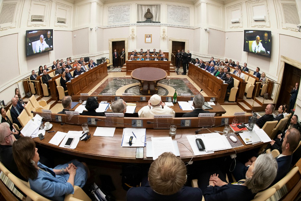 Pope Francis speaks to executives of leading energy, petroleum and natural gas companies, leaders in investment firms and climate scientists during a meeting at the Vatican June 14, 2019. (CNS/Vatican Media)