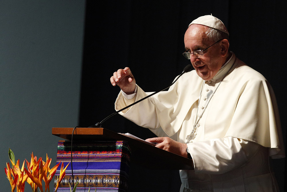 Pope Francis speaks July 9, 2015, at the second World Meeting of Popular Movements in Santa Cruz, Bolivia Pope Francis speaks at the second World Meeting of Popular Movements in Santa Cruz, Bolivia, July 9, 2015. "The popular movements are not only social poets but also collective Samaritans," Francis said in a video message Oct. 16 for the 2021 meeting (CNS)
