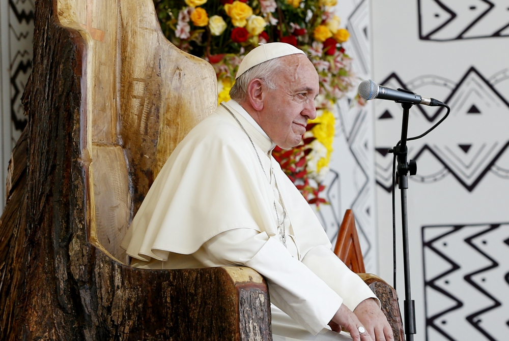 Pope Francis listens during a meeting with people at the Jorge Basadre Institute in Puerto Maldonado, Peru, Jan. 19, 2018. (CNS/Paul Haring) Pope Francis listens during a meeting with people at the Jorge Basadre Institute in Puerto Maldonado, Peru, Jan. 19, 2018. (CNS/Paul Haring)