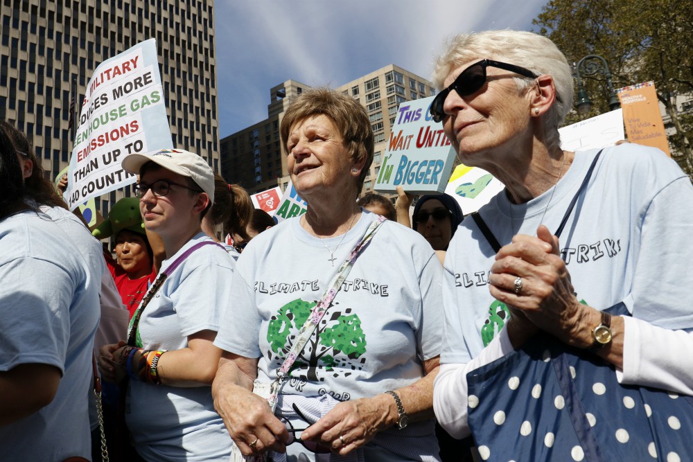 Sr. Helen Kearney, center, president of the Sisters of St. Joseph of Brentwood, New York, and St. Joseph Sr. Mary Doyle, right, participate in the Global Climate Strike in New York City Sept. 20, 2019. (CNS/Gregory A. Shemitz) Sr. Helen Kearney, center, president of the Sisters of St. Joseph of Brentwood, New York, and St. Joseph Sr. Mary Doyle, right, participate in the Global Climate Strike in New York City Sept. 20, 2019. (CNS/Gregory A. Shemitz)