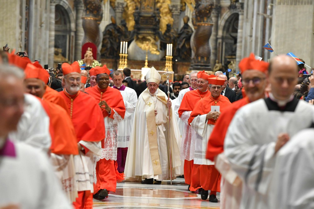 Pope Francis walks in procession with new cardinals during a consistory in St. Peter's Basilica at the Vatican Oct. 5, 2019. (CNS/Vatican Media)