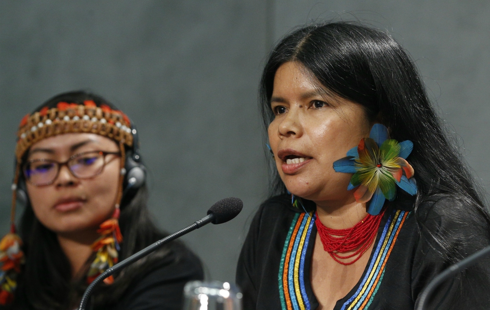Patricia Gualinga, an indigenous rights defender from Ecuador, speaks at a news conference to discuss the Synod of Bishops for the Amazon at the Vatican Oct. 17, 2019. Also pictured is Leah Rose Casimero, an indigenous representative from Guyana. (CNS)