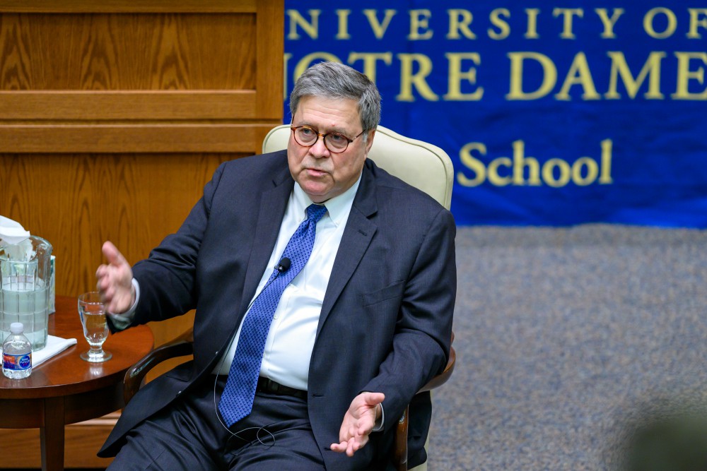 U.S. Attorney General William Barr speaks in the McCartan Courtroom Oct. 11 at the University of Notre Dame's Law School in Indiana. (CNS/University of Notre Dame/Matt Cashore) U.S. Attorney General William Barr speaks in the McCartan Courtroom Oct. 11 at the University of Notre Dame's Law School in Indiana. (CNS/University of Notre Dame/Matt Cashore)