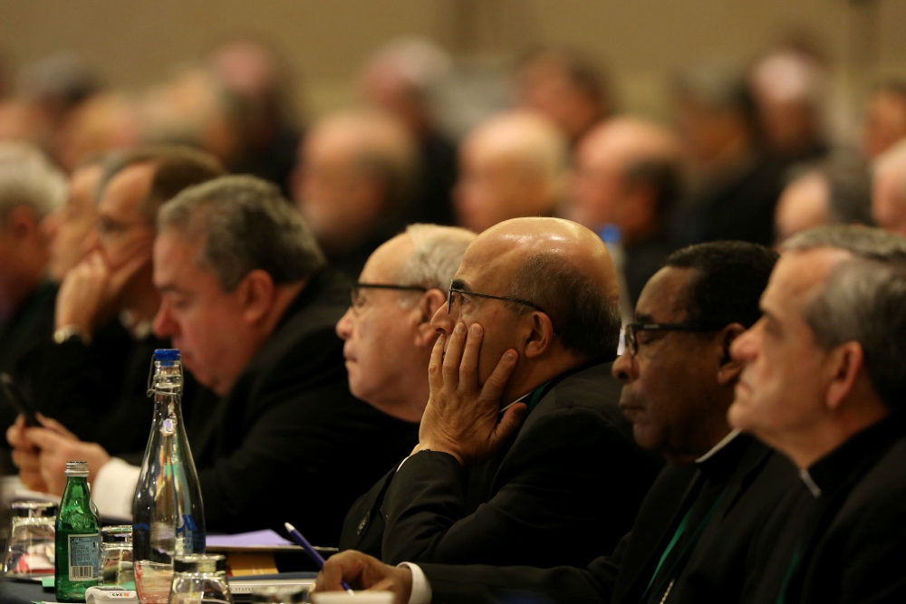 Bishops listen to a speaker during the fall general assembly of the U.S. Conference of Catholic Bishops in Baltimore Nov. 12. (CNS/Bob Roller) Bishops listen to a speaker during the fall general assembly of the U.S. Conference of Catholic Bishops in Baltimore Nov. 12. (CNS/Bob Roller)