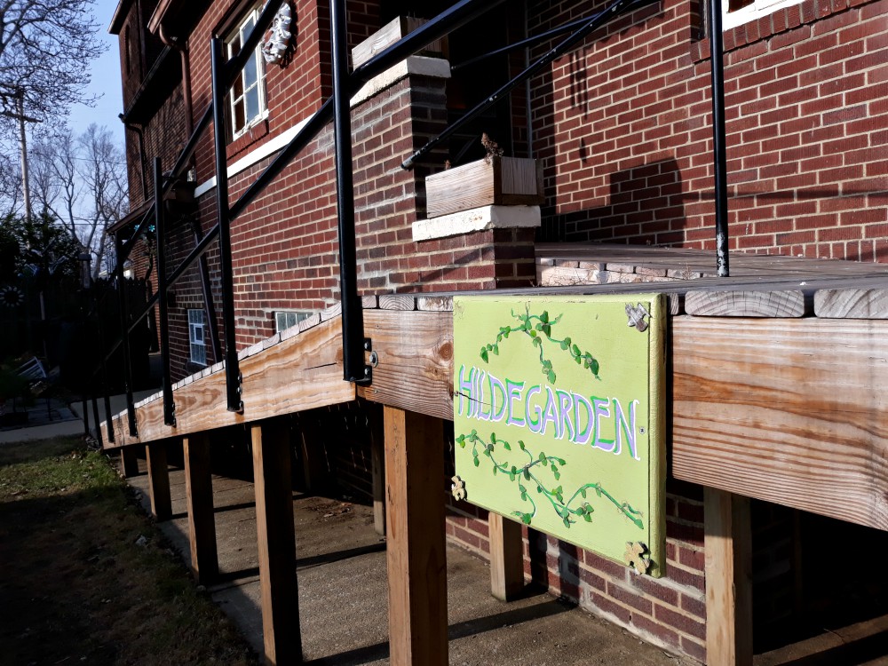 A sign adorns the garden outside of Hildegard Haus. (Don Clemmer)