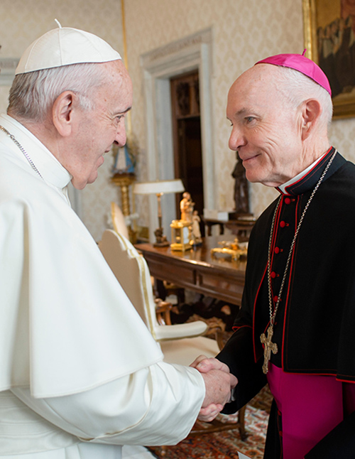 Pope Francis greets Archbishop George Lucas of Omaha, Nebraska, at the Vatican Jan. 16, 2020. (CNS/Vatican Media)