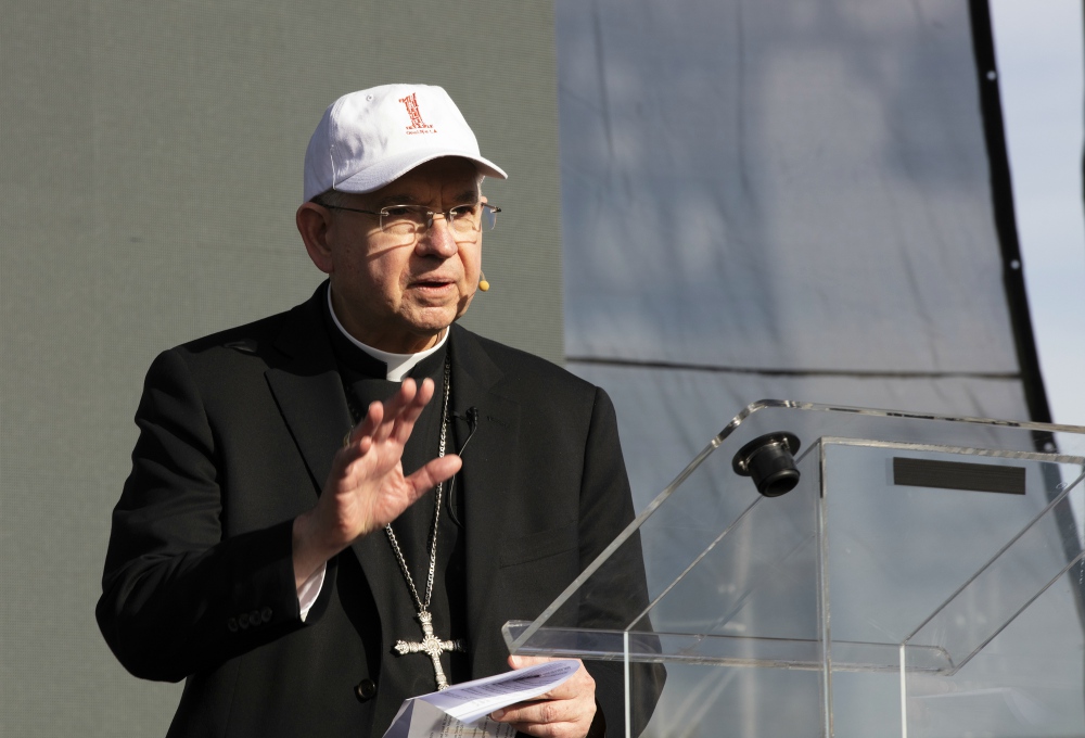 Archbishop José Gomez speaks to pro-life advocates during the OneLife LA rally in Los Angeles Jan. 18, 2020, held to mark the anniversary of the U.S. Supreme Court's 1973 decision legalizing abortion. (CNS/Angelus News/Victor Aleman)