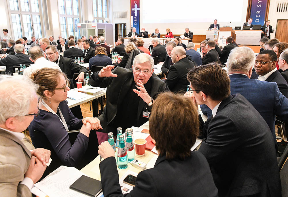 Auxiliary Bishop Karlheinz Diez of Fulda, Germany, speaks Jan. 31, 2020, with synodal assembly participants in Frankfurt. (CNS/KNA/Harald Oppitz)