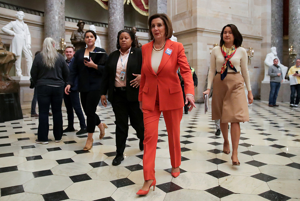 U.S. House Speaker Nancy Pelosi, D-Calif., returns to her office at the U.S. Capitol in Washington Feb. 5, the day of U.S. President Donald Trump's acquittal in the U.S. Senate. (CNS/Reuters/Jonathan Ernst)