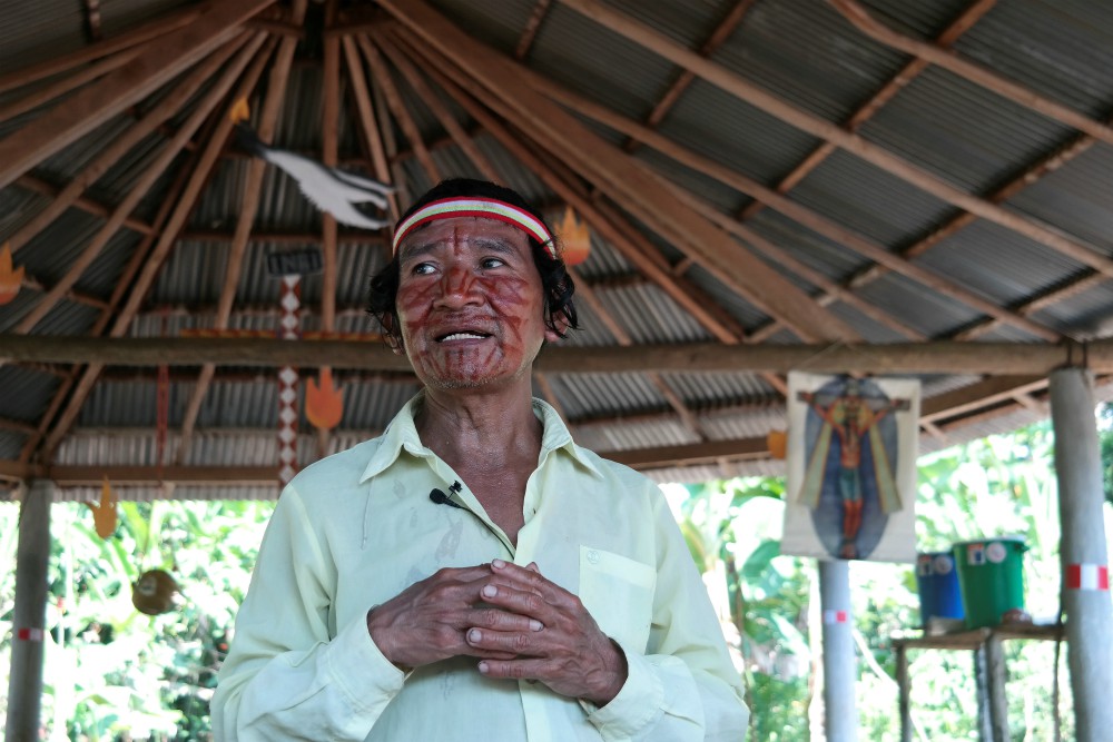Deacon Shainkiam Yampik Wananch prays in a chapel in Wijint, a village in the Peruvian Amazon, Aug. 20, 2019. (CNS/Reuters/Maria Cervantes)