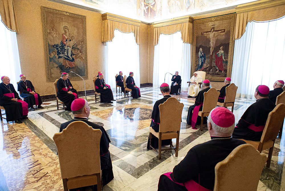 Pope Francis meets with French bishops making their "ad limina" visits at the Vatican March 9, 2020. (CNS/Vatican Media)