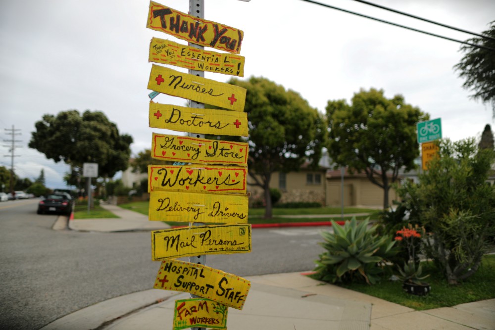 A street sign in Santa Monica, California, thanks essential workers April 6 during the coronavirus pandemic. (CNS/Reuters/Lucy Nicholson)