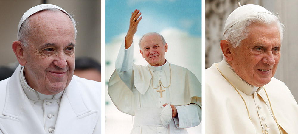 Pope Francis, St. John Paul II and retired Pope Benedict XVI are pictured in a composite photo. (CNS/Paul Haring/Joe Rimkus Jr.) Pope Francis, St. John Paul II and retired Pope Benedict XVI are pictured in a composite photo. (CNS/Paul Haring/Joe Rimkus Jr.)