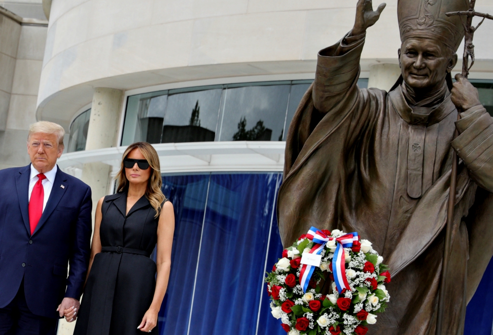 U.S. President Donald Trump and first lady Melania Trump pose during a visit to the St. John Paul II National Shrine in Washington June 2. (CNS/Reuters/Tom Brenner)