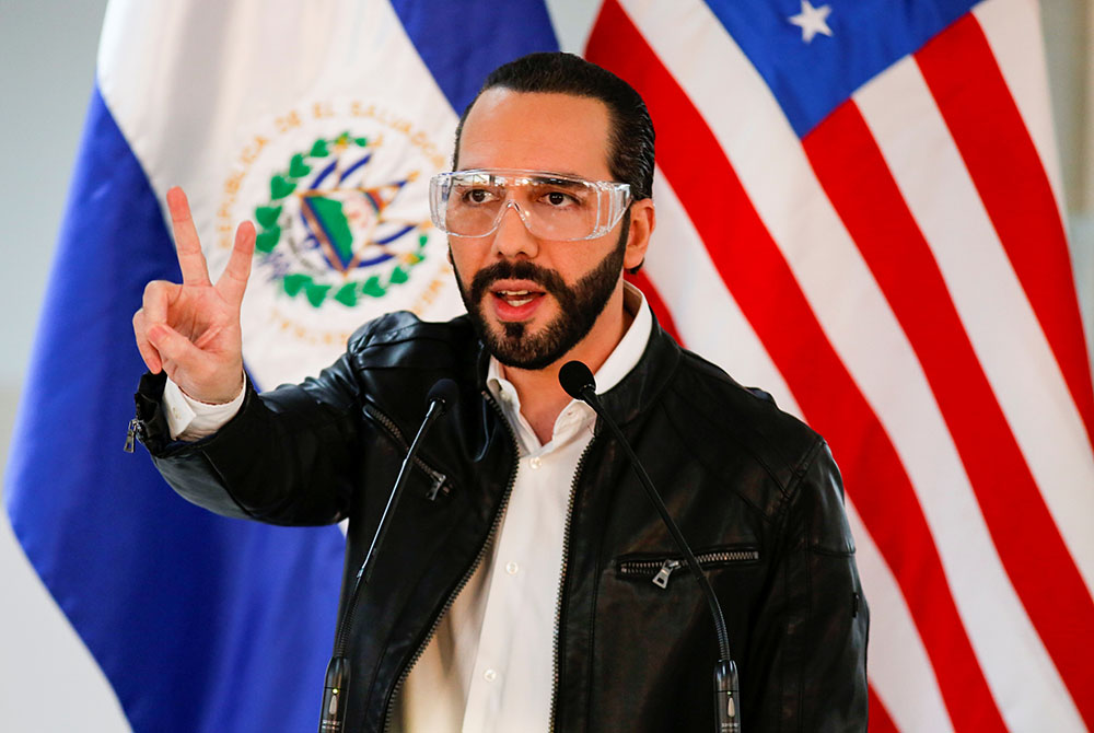 El Salvador President Nayib Bukele participates in a news conference May 26 in San Salvador during a nationwide COVID-19 quarantine. (CNS/Reuters/Jose Cabezas)