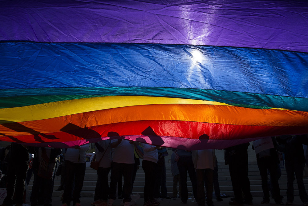 In this 2015 file photo, LGBTQ supporters wave a flag outside the U.S. Supreme Court in Washington. (CNS/Tyler Orsburn)