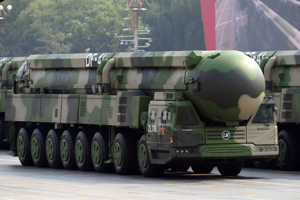 A Dongfeng-41 intercontinental strategic nuclear missiles group formation is seen Oct. 1, 2019, in Beijing. (CNS/Reuters/Weng Qiyu) A Dongfeng-41 intercontinental strategic nuclear missiles group formation is seen Oct. 1, 2019, in Beijing. (CNS/Reuters/Weng Qiyu)