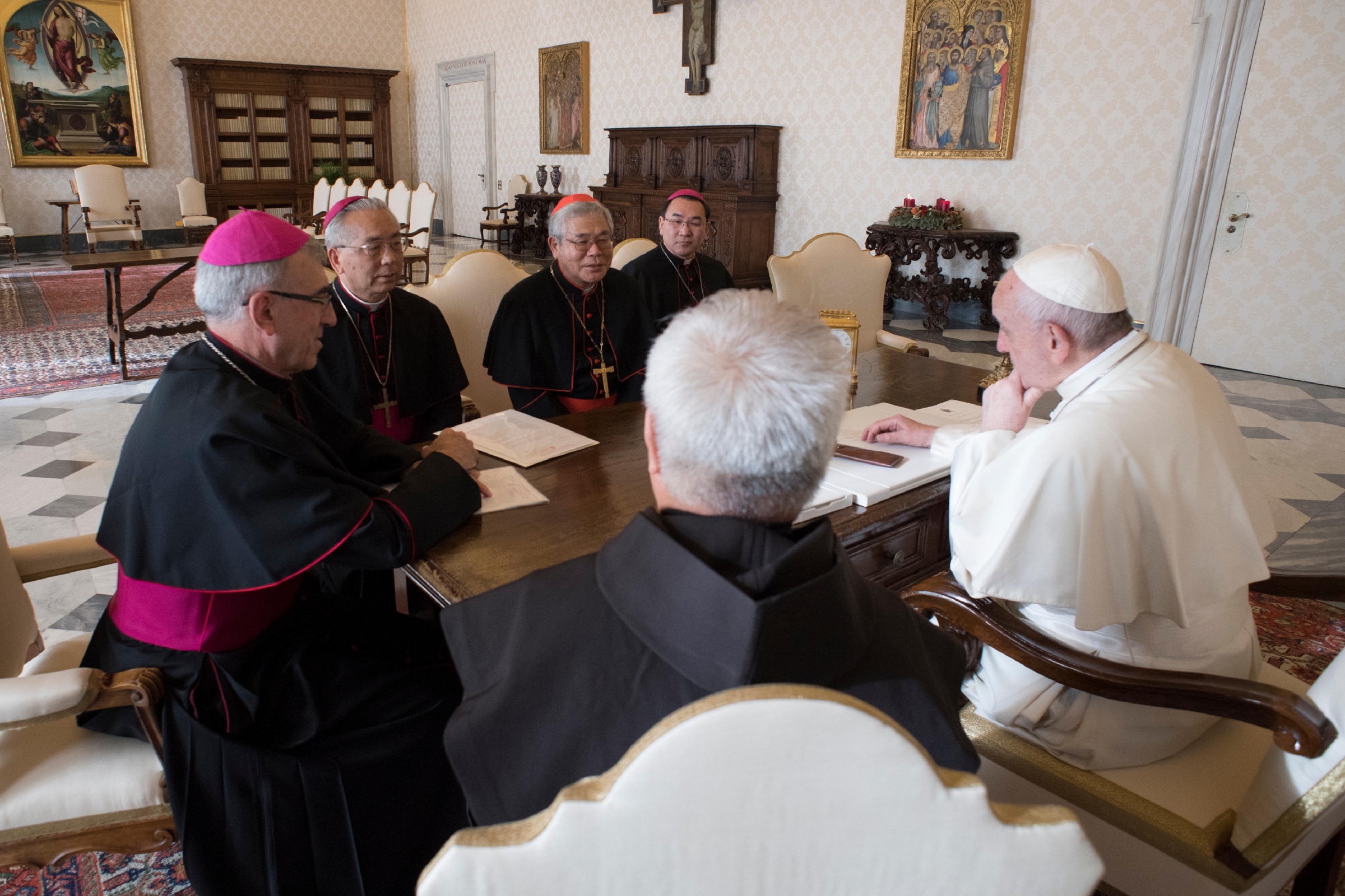 Pope Francis met with leaders of the Japanese bishops' conference Dec. 17, 2018, in the papal library of the apostolic palace. From left to right are: Auxiliary Bishop Josep Abella Batlle of Osaka; Archbishop Joseph Mitsuaki Takami of Nagasaki, bishops' c