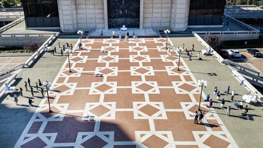 Drone footage shows the plaza of San Francisco's Cathedral of St. Mary of the Assumption with five Masses being celebrated simultaneously Aug. 15. (CNS/Archdiocese of San Francisco/Dennis Callahan)