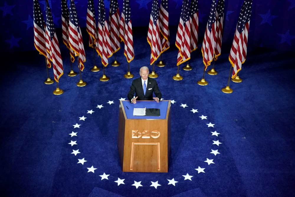 Democratic presidential candidate Joe Biden delivers a speech from Wilmington, Delaware, Aug. 20 during the virtual Democratic National Convention. (CNS/Reuters/Kevin Lamarque)