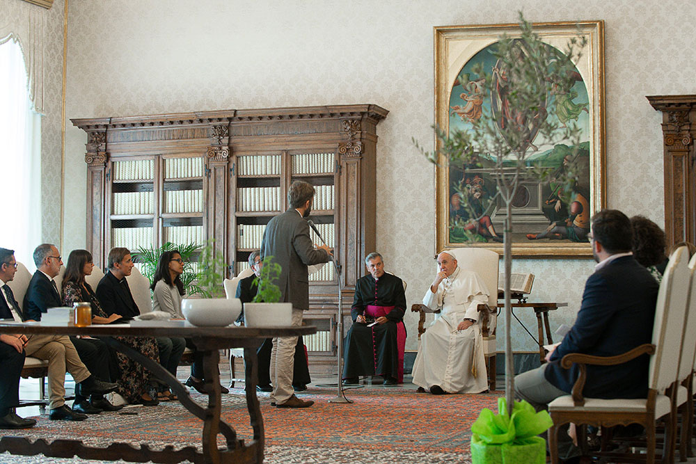 Pope Francis meets with a group of clergy and laypeople advising the French bishops' conference on ecological policies and on promoting the teaching in his encyclical Laudato Si' Sept. 3, 2020, in the library of the Apostolic Palace at the Vatican. (CNS)