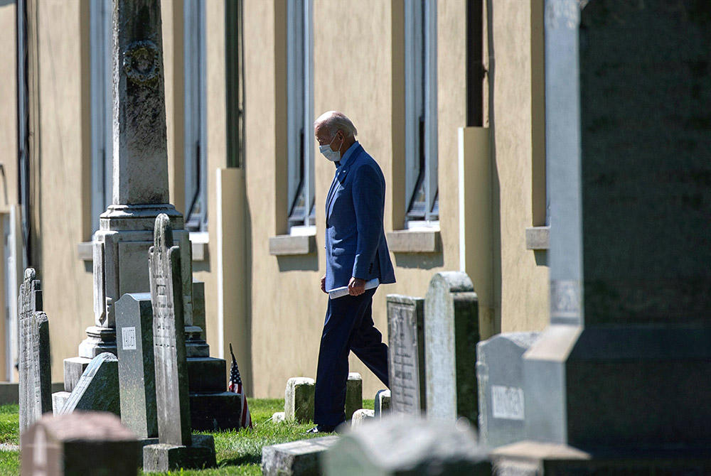 Joe Biden, then Democratic presidential candidate, departs Mass at St. Joseph on the Brandywine Church Sept. 6 in Greenville, Delaware. (CNS/Mark Makela, Reuters)