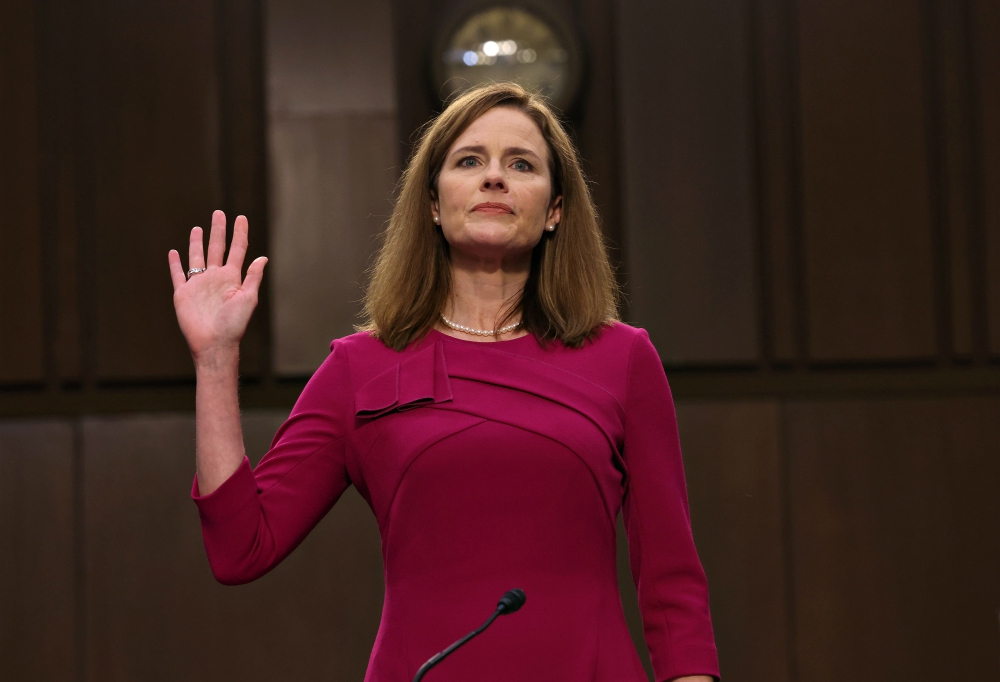 Judge Amy Coney Barrett, President Donald Trump's nominee for the U.S. Supreme Court, is sworn in for her confirmation hearing before the Senate Judiciary Committee on Capitol Hill in Washington Oct. 12. (CNS/Win McNamee, Pool via Reuters)