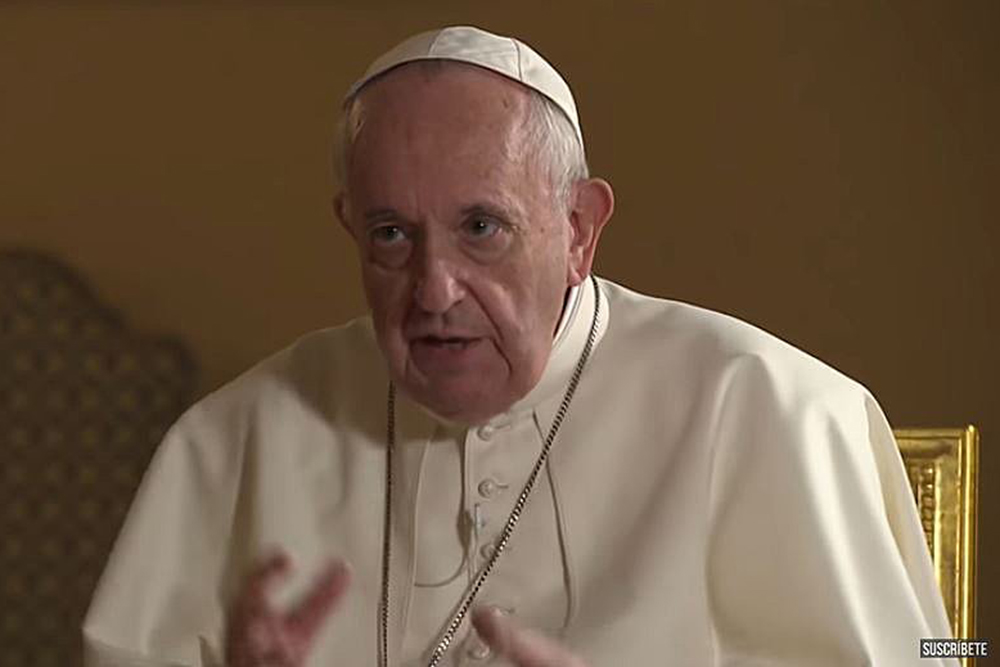 Pope Francis speaks with Valentina Alazraki of the Mexican television station Televisa during an interview that aired in May 2019. A clip, apparently cut from the interview and shows Pope Francis talking about “civil unions,” is used in the documentary "F