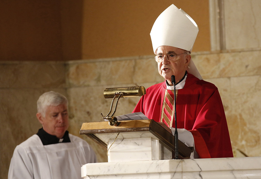 Archbishop Carlo Maria Viganò is seen speaking during the episcopal ordination and installation of Bishop James Checchio as the head of the Diocese of Metuchen, New Jersey, in South Plainfield in 2016. (CNS/Gregory A. Shemitz)
