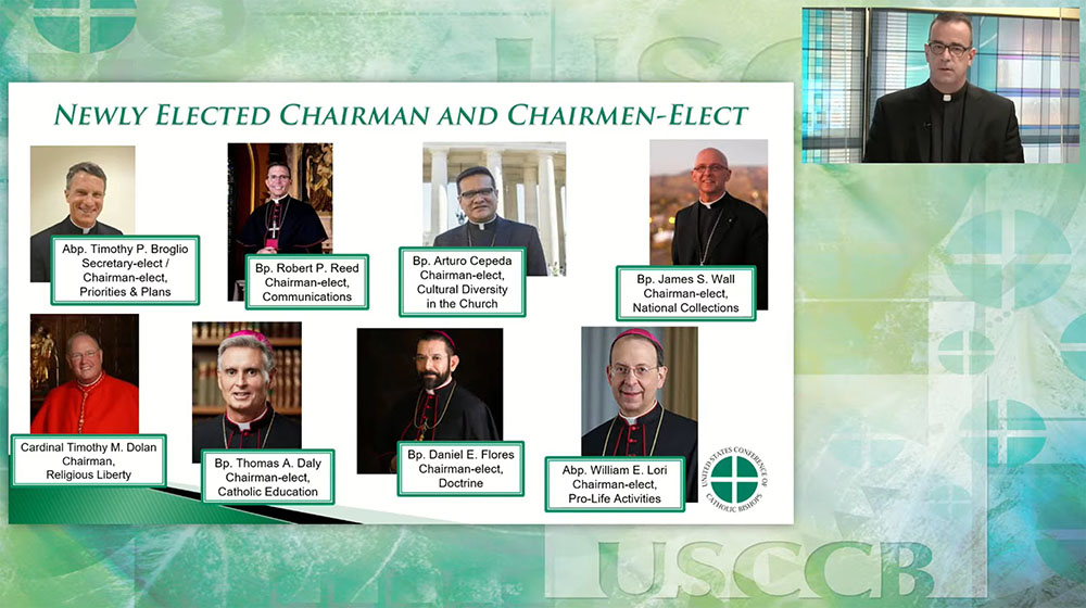 Msgr. J. Brian Bransfield, outgoing general secretary of the U.S. Conference of Catholic Bishops, announces the results of elections Nov. 16, 2020, for seven new chairmen-elect and one chairman of various committees. (CNS screenshot)