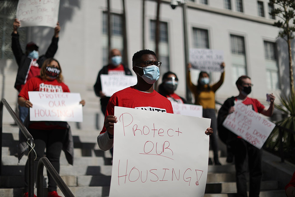 Californians ask for the Los Angeles City Council to vote against adding more short-term rental units and call for more affordable housing Nov. 12, 2020. (CNS/Reuters/Lucy Nicholson)