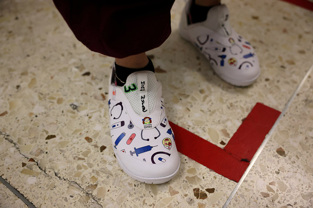 A nurse's shoes are seen in the COVID-19 intensive care unit at Providence St. Joseph Medical Center in Burbank, California, Nov. 19, 2020. (CNS/Reuters/Lucy Nicholson)