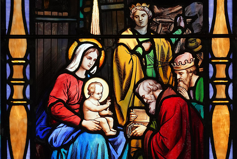 The Adoration of the Magi is depicted in a stained-glass window at St. Mary of the Isle Church in Long Beach, New York. (CNS/Gregory A. Shemitz)