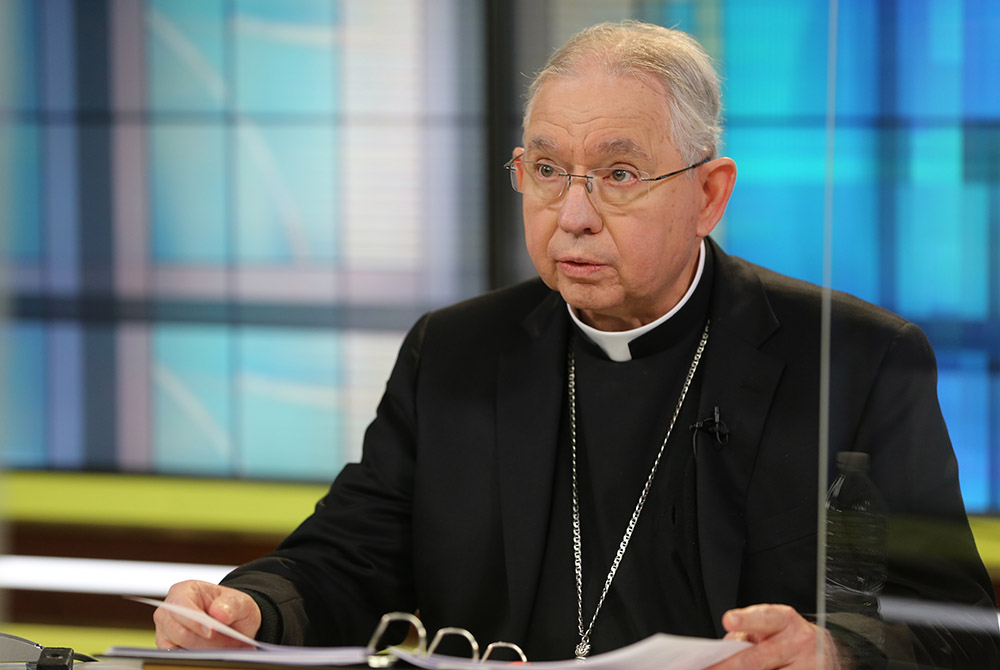 Archbishop José Gomez of Los Angeles, president of the U.S. Conference of Catholic Bishops, speaks Nov. 16, 2020, at the bishops' conference headquarters in Washington during the bishops' virtual fall meeting. (CNS/Bob Roller) Archbishop José Gomez of Los Angeles, president of the U.S. Conference of Catholic Bishops, speaks Nov. 16, 2020, at the bishops' conference headquarters in Washington during the bishops' virtual fall meeting. (CNS/Bob Roller)
