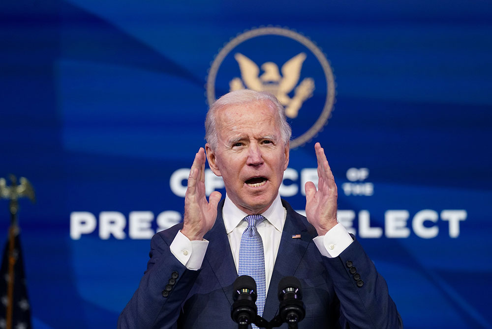 President-elect Joe Biden, speaking at a news conference at his transition headquarters in Wilmington, Delaware, Jan. 6, 2021, addresses the protests taking place in and around the U.S. Capitol in Washington as the Congress held a joint session to certify