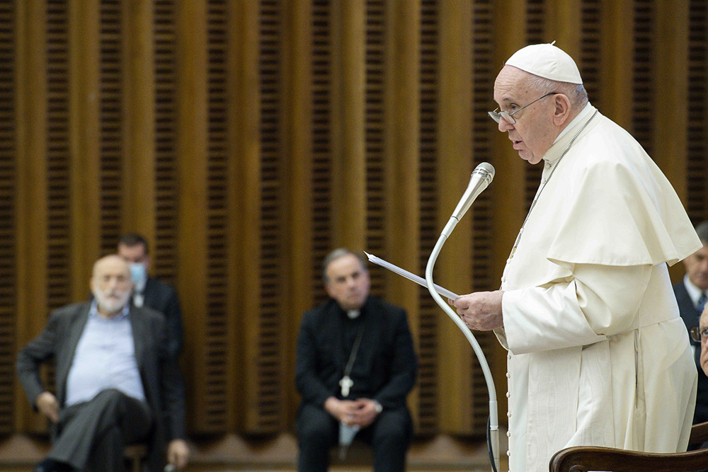 Pope Francis speaks during a Sept. 12, 2020, meeting with members of the Laudato Si' Communities in the Paul VI audience hall at the Vatican. (CNS/Vatican Media)