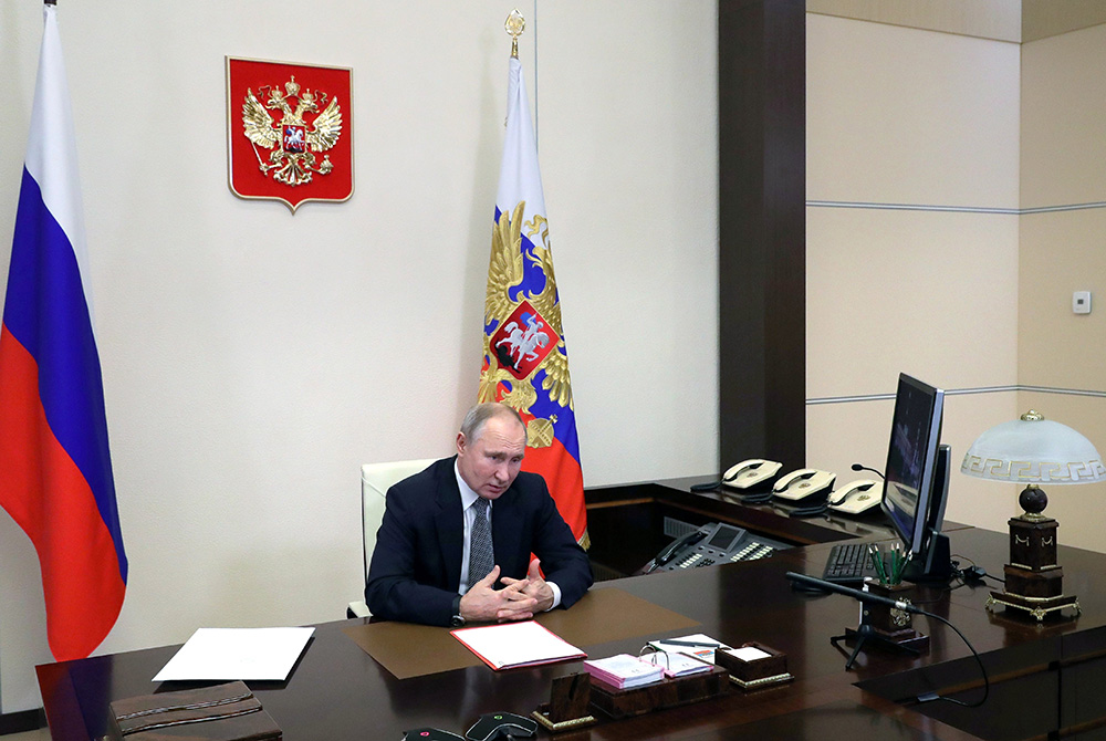 Russian President Vladimir Putin takes part in a video conference call with members of the U.N. Security Council Jan. 15, 2021, at the Novo-Ogaryovo state residence outside Moscow. (CNS/Sputnik, Mikhail Klimentyev, Kremlin via Reuters)