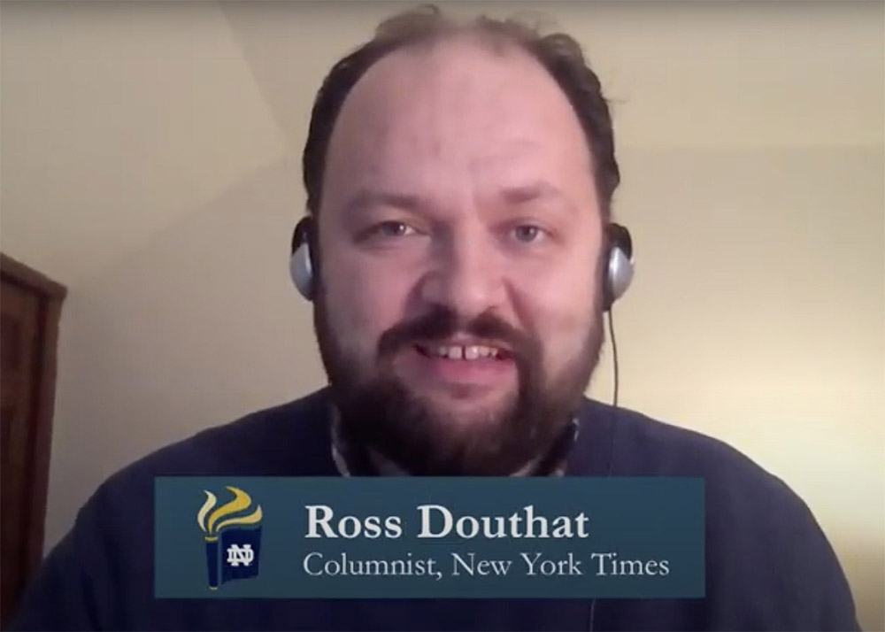 Author and New York Times columnist Ross Douthat is seen in a screenshot of a Jan. 14 panel about "Recovering Our Institutions" during a virtual conference focused on unity and the common good hosted at the University of Notre Dame. (CNS screenshot)