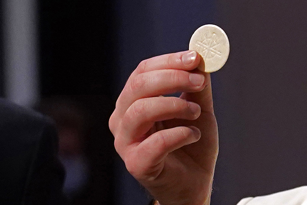 A priest gives the Eucharist to a communicant during a Mass at St. Agnes Cathedral in Rockville Centre, New York, in 2020. (CNS/Gregory A. Shemitz)