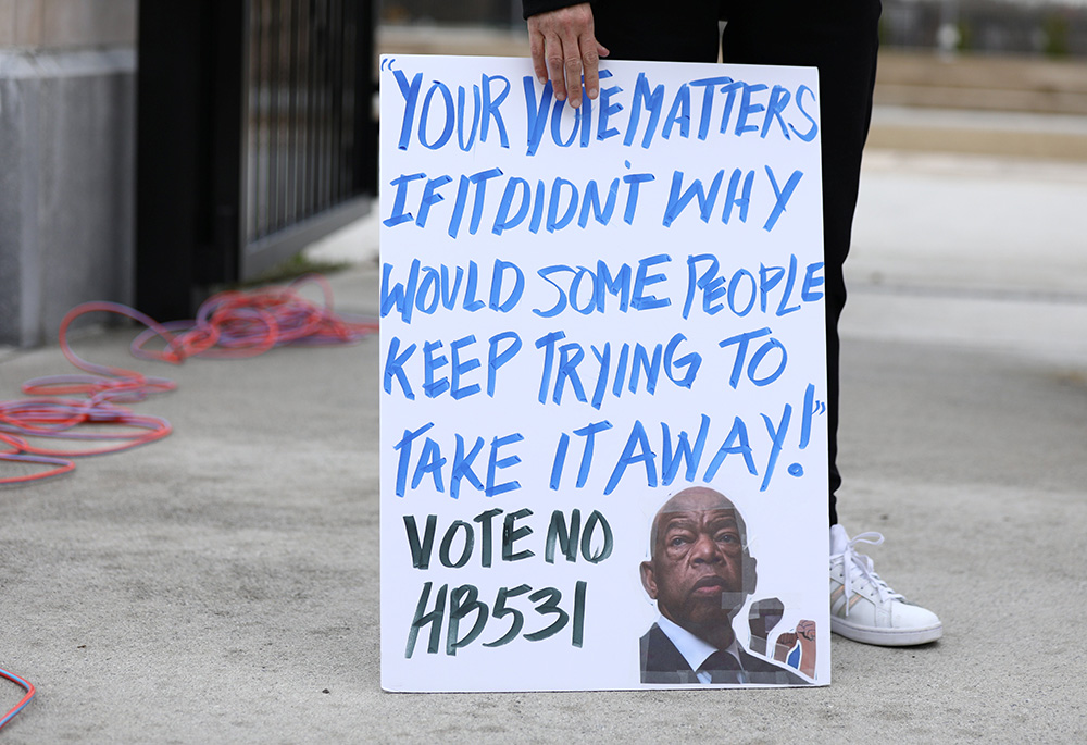 Demonstrators in Atlanta gather outside the Georgia State Capitol March 1, 2021, to protest H.B. 531, passed by the Georgia House to restrict ballot drop boxes, require more I.D. for absentee voting and limit weekend early voting days passed. (CNS)