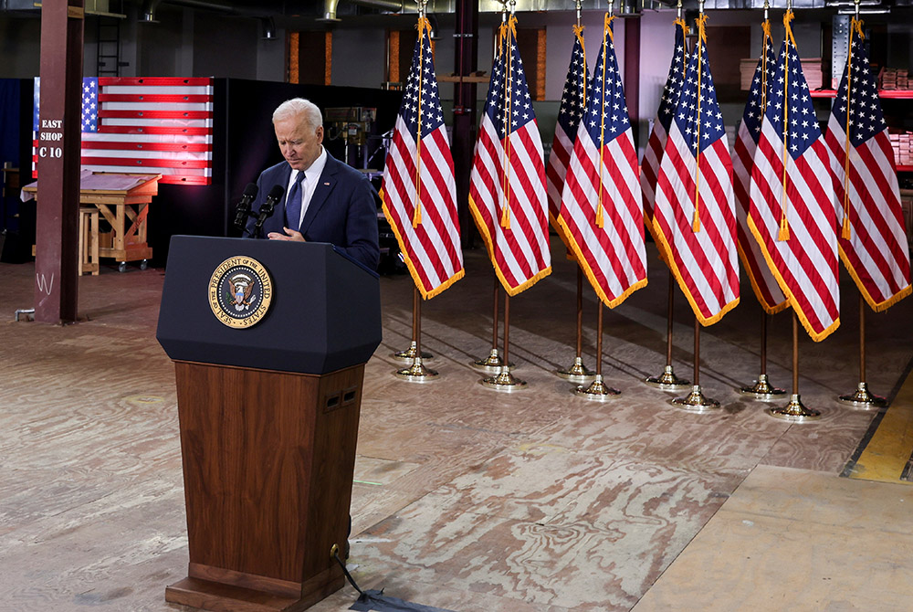 President Joe Biden speaks about his $2.2 trillion infrastructure plan at Carpenters Pittsburgh Training Center March 31 in Pittsburgh. The proposed package has funding for broadband, housing, the electric grid, roads and bridges, and other areas. It will