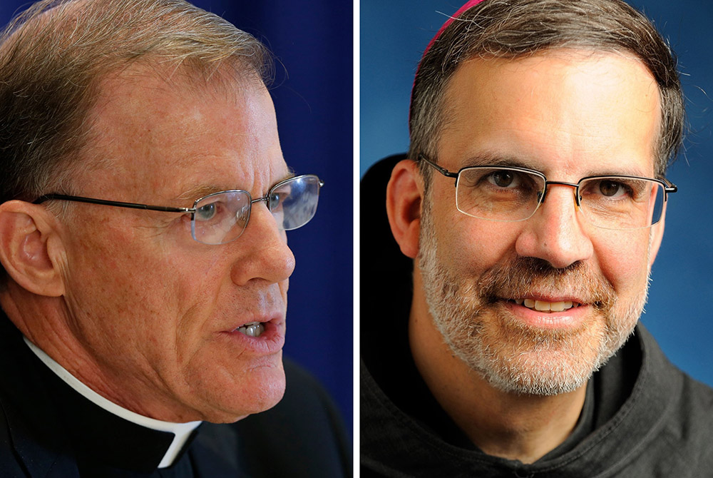 Archbishop John Wester of Santa Fe, New Mexico, and Bishop John Stowe of Lexington, Kentucky, are seen in this composite photo. (CNS composite/photos by Bob Roller; Diocese of Lexington)