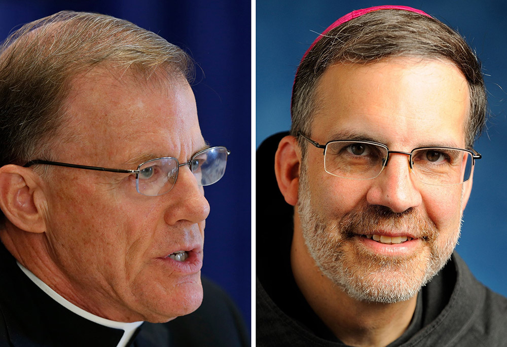 Archbishop John Wester of Santa Fe, New Mexico, and Bishop John Stowe of Lexington, Kentucky, are seen in this composite photo. (CNS composite/photos by Bob Roller; Diocese of Lexington)