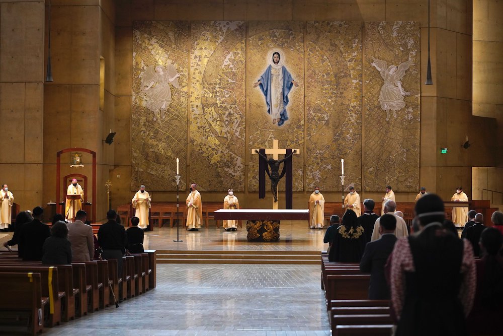 Catholics attend a special national Mass on the feast of St. Joseph at the Cathedral of Our Lady of the Angels in Los Angeles March 19. In her book "American Catholics: A History," when author Leslie Woodcock Tentler shares her thoughts on the future of t