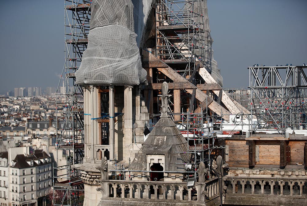 Scaffolding surrounds the damaged Notre Dame Cathedral April 15 in Paris Scaffolding surrounds the damaged Notre Dame Cathedral April 15 in Paris. (CNS/Reuters/Benoit Tessier)